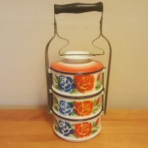 Vintage Enamel Floral Tiffin Box Carrier